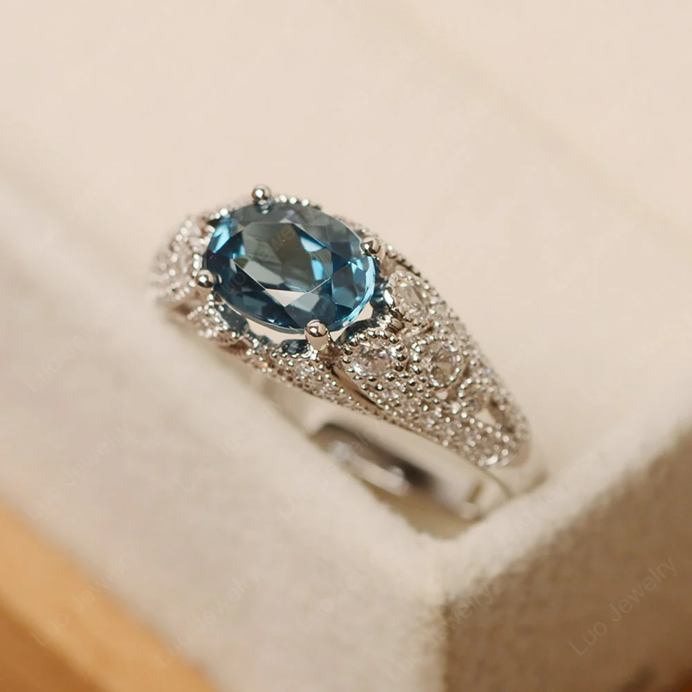Vintage Horizontal Oval Cut London Blue Topaz Ring - Image 3