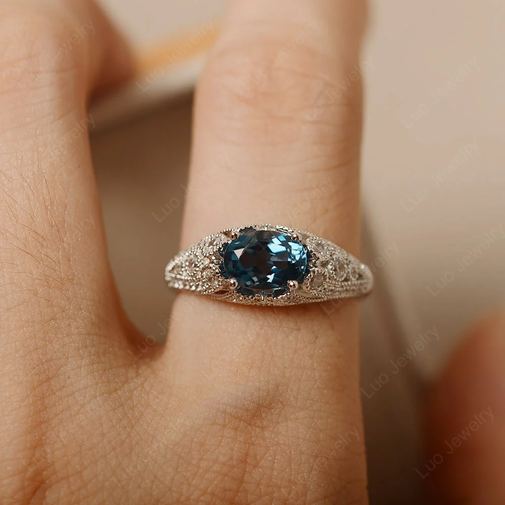 Vintage Horizontal Oval Cut London Blue Topaz Ring - Image 6