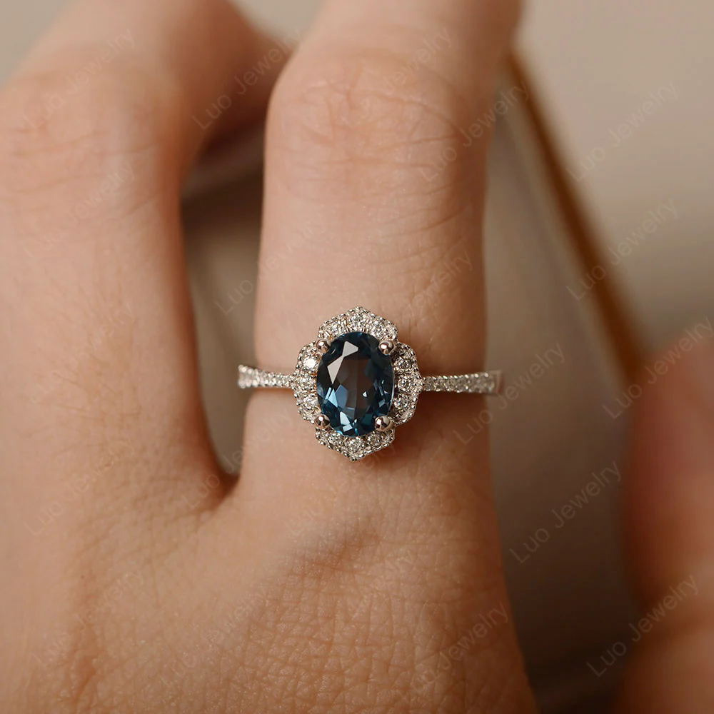 Milgrain Halo London Blue Topaz Engagement Ring - Image 5