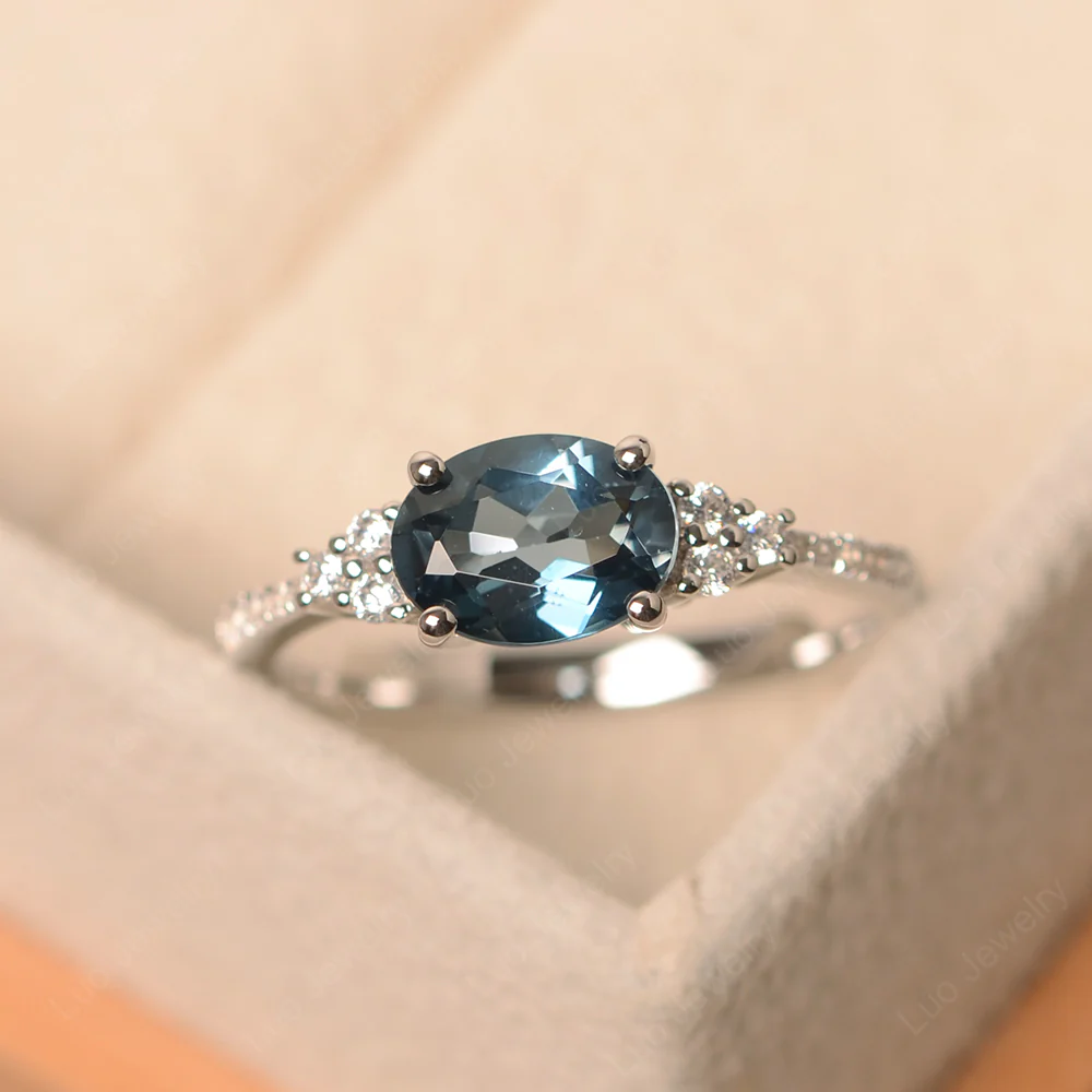 Horizontal Oval Cut London Blue Topaz Engagement Ring