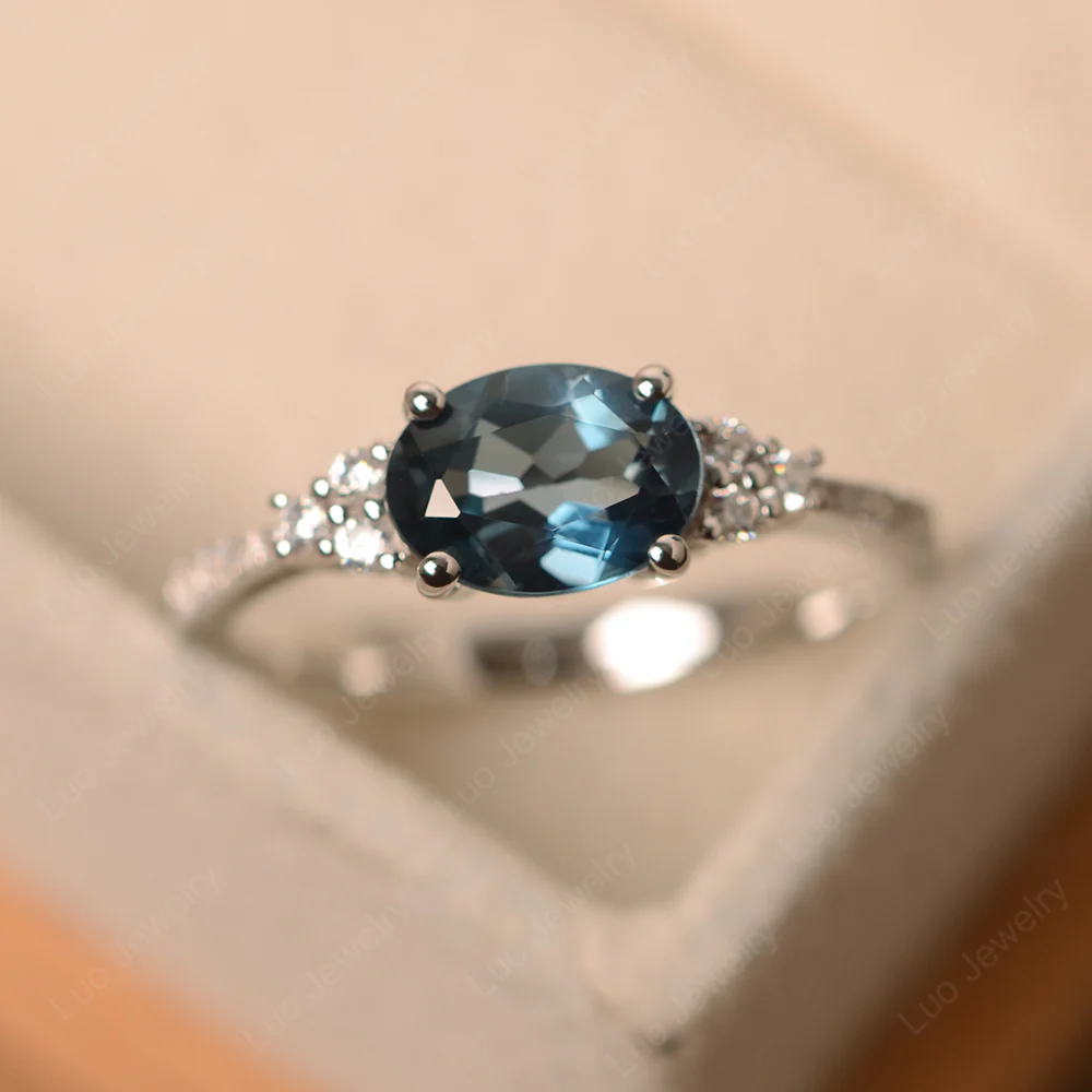 Horizontal Oval Cut London Blue Topaz Engagement Ring - Image 2