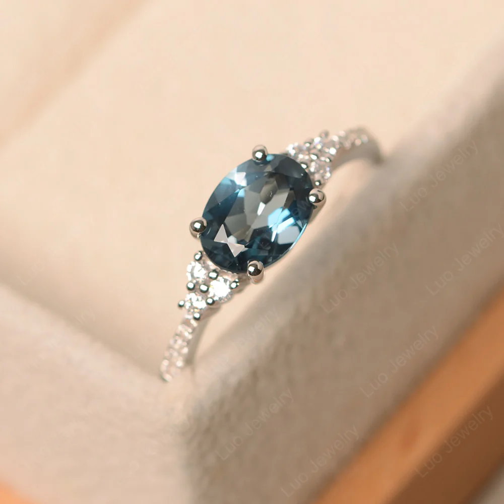 Horizontal Oval Cut London Blue Topaz Engagement Ring - Image 3