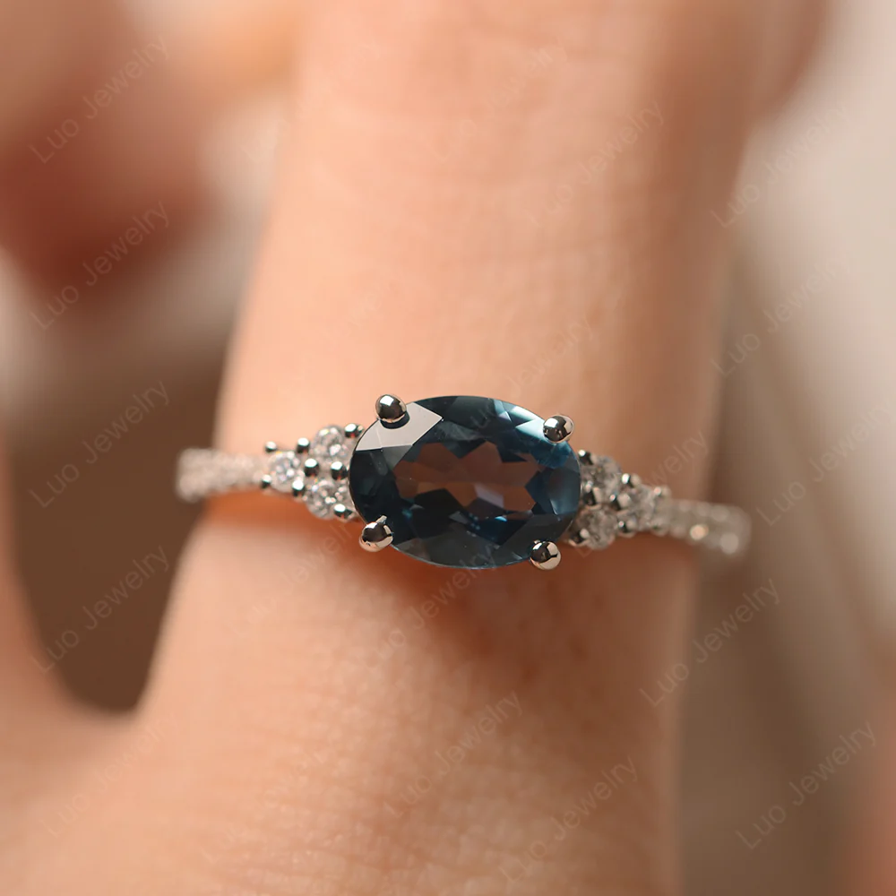 Horizontal Oval Cut London Blue Topaz Engagement Ring - Image 6