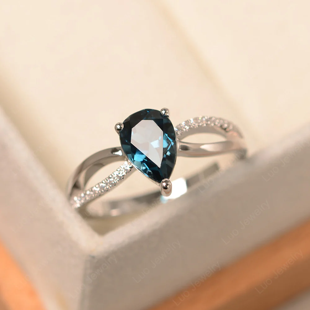 Pear Shaped London Blue Topaz Ring Split Shank - Image 2
