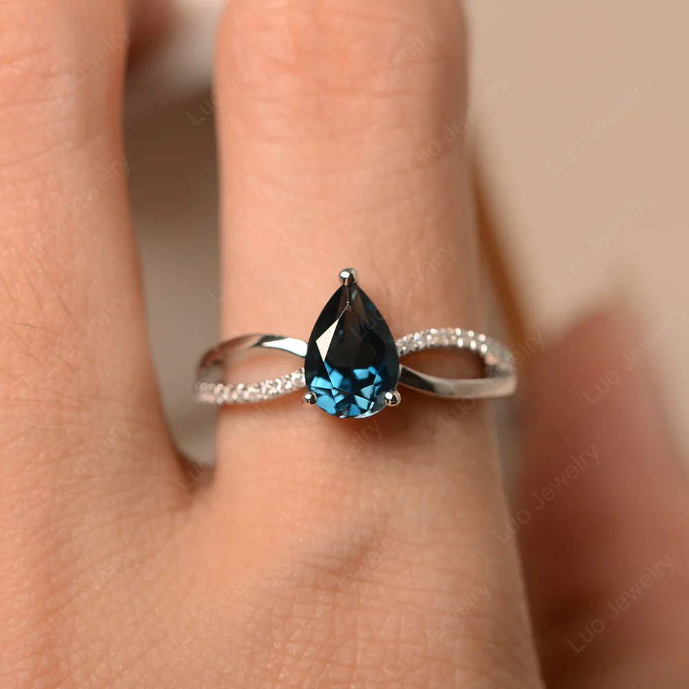 Pear Shaped London Blue Topaz Ring Split Shank - Image 5