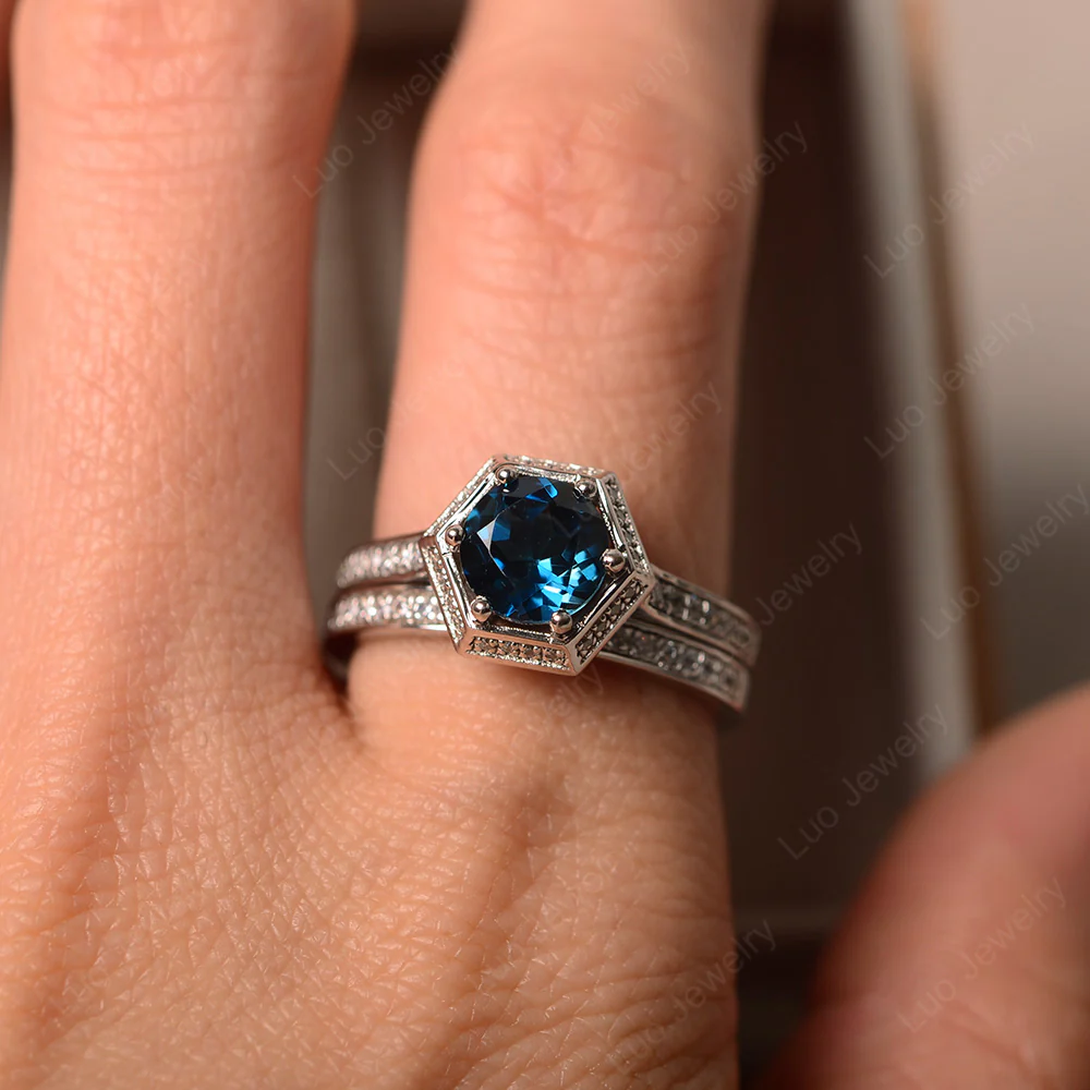 London Blue Topaz Engagement and Wedding Ring Set - Image 5