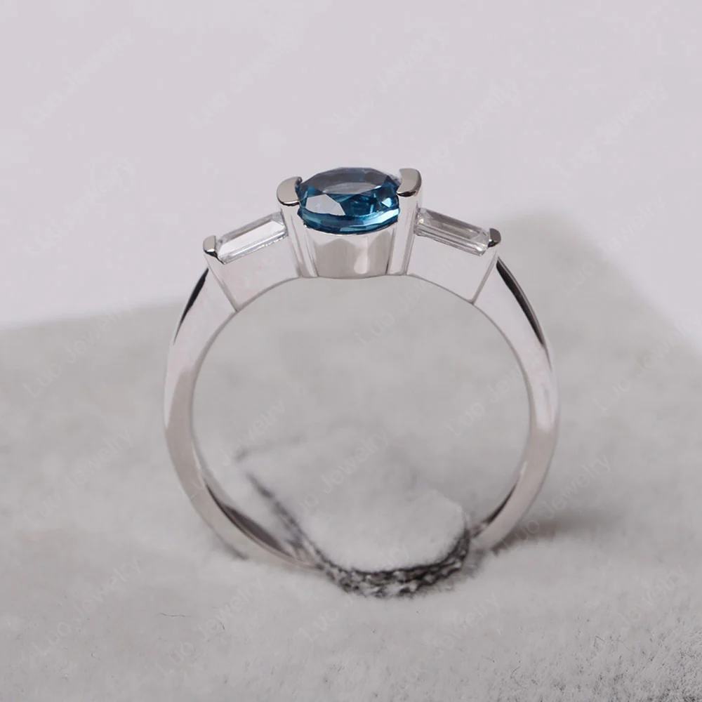 London Blue Topaz Ring Round Cut with Baguette Side - Image 3