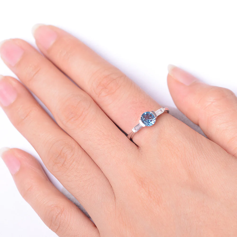 London Blue Topaz Ring Round Cut with Baguette Side - Image 4