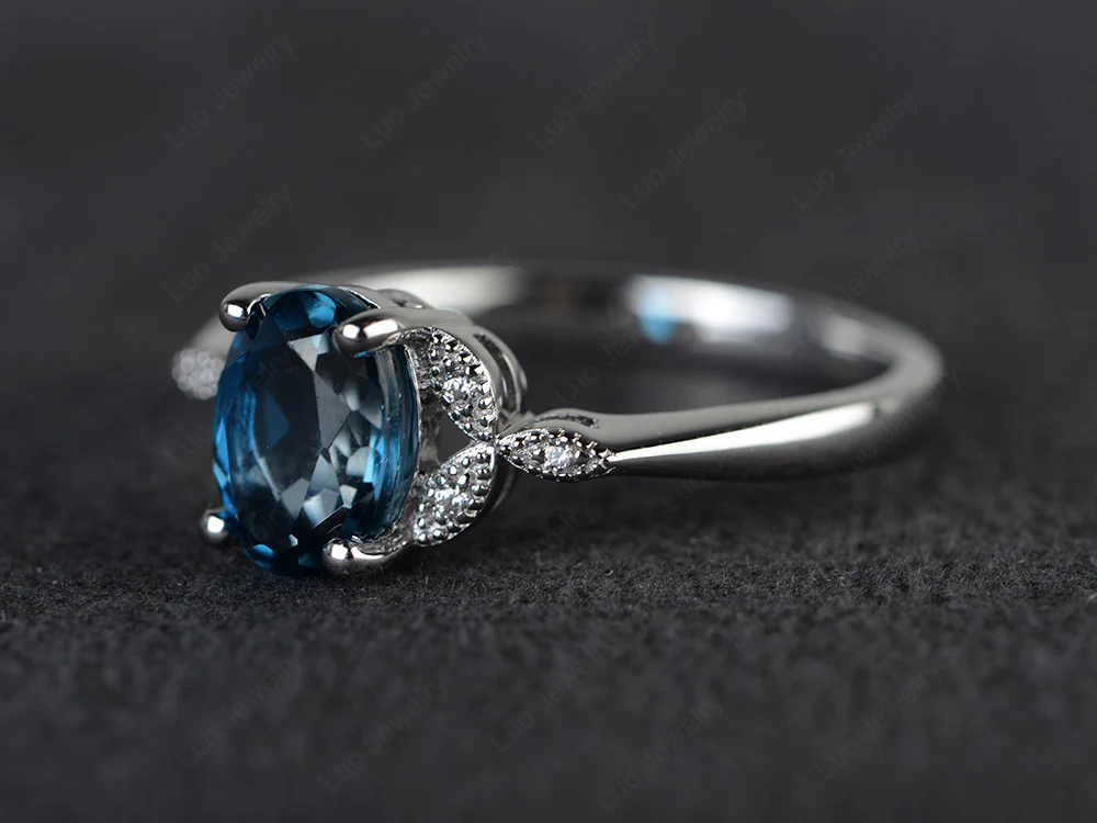 Oval London Blue Topaz Leaf Engagement Ring - Image 2