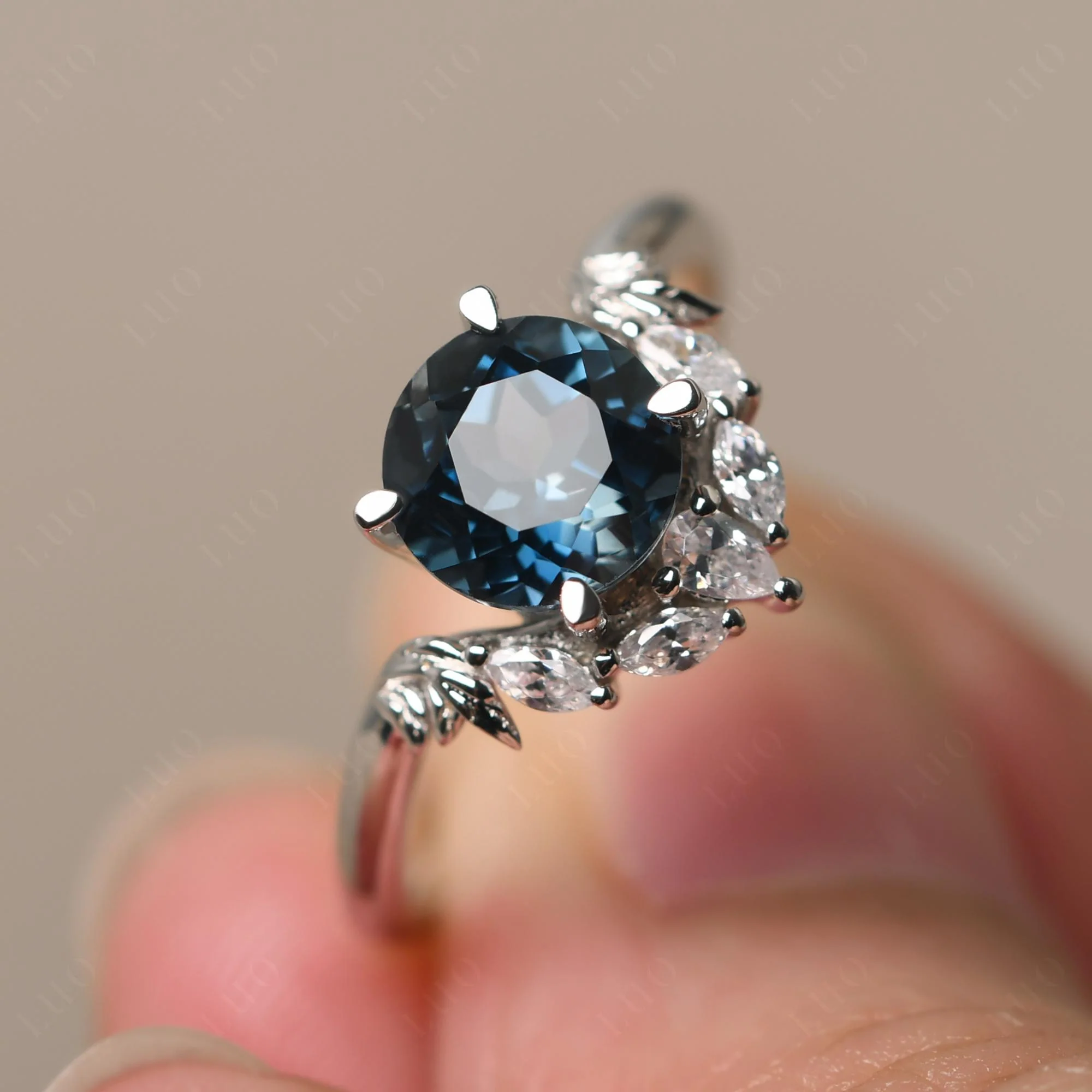 London Blue Topaz Ring with Marquise Side Stone - Image 29