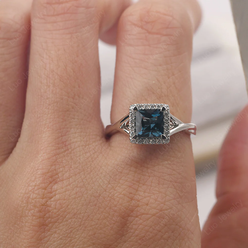 London Blue Topaz Split Shank Halo Engagement Ring - Image 6