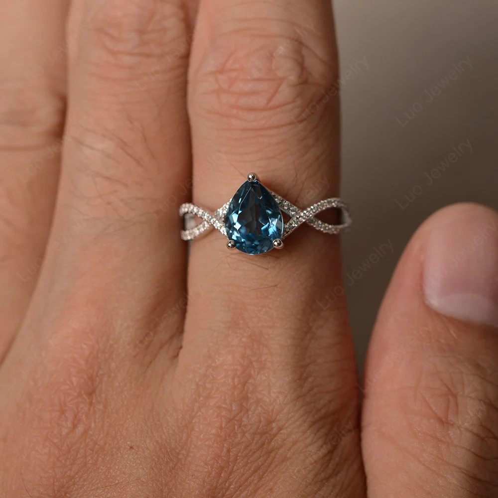 London Blue Topaz Split Shank Pear Engagement Ring - Image 3