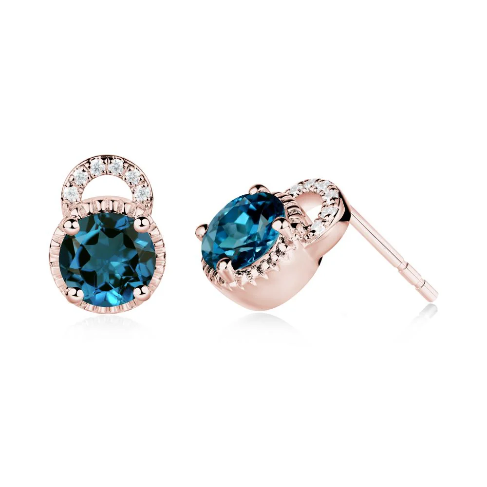 London Blue Topaz Stud Earrings with Decorative Halo - Image 5