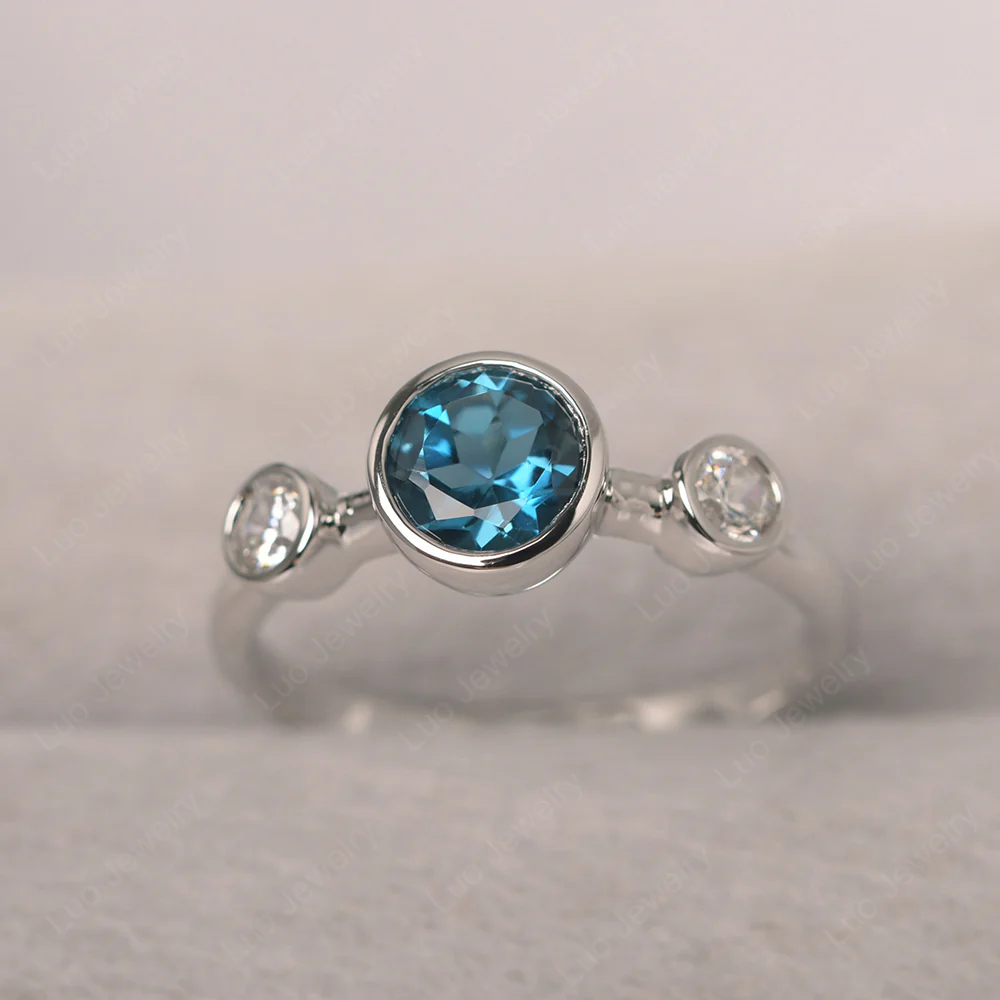 London Blue Topaz 3 Stone Bezel Set Ring - Image 2