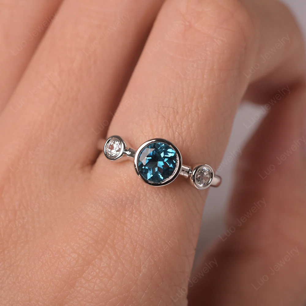 London Blue Topaz 3 Stone Bezel Set Ring - Image 5