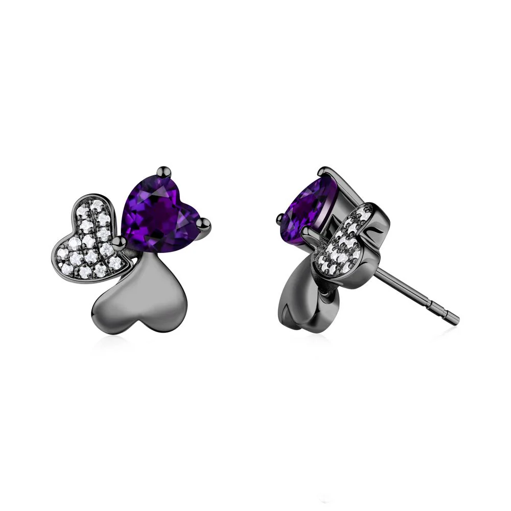 Lucky Clover Hearts Amethyst Stud Earrings