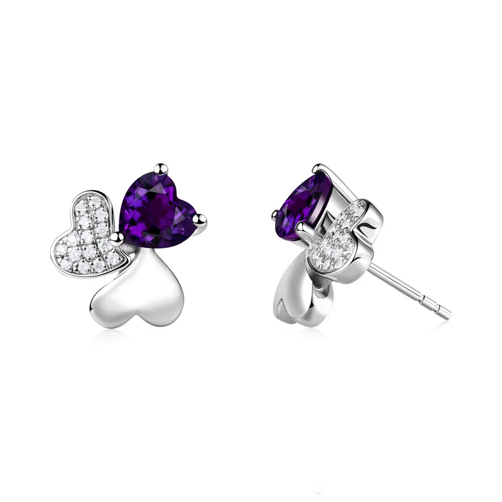 Lucky Clover Hearts Amethyst Stud Earrings - Image 3