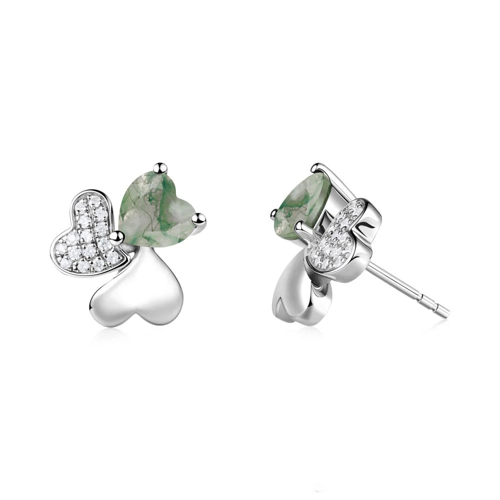Lucky Clover Hearts Moss Agate Stud Earrings - Image 5