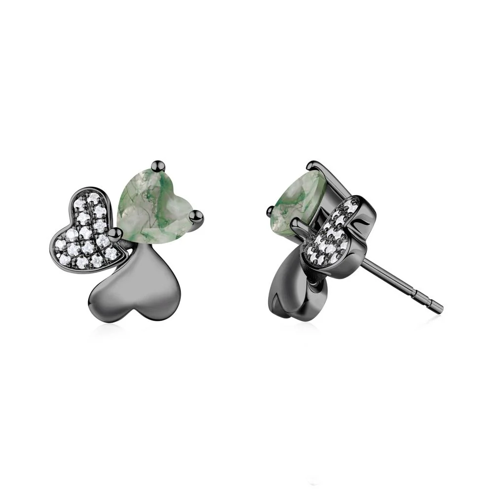 Lucky Clover Hearts Moss Agate Stud Earrings - Image 6