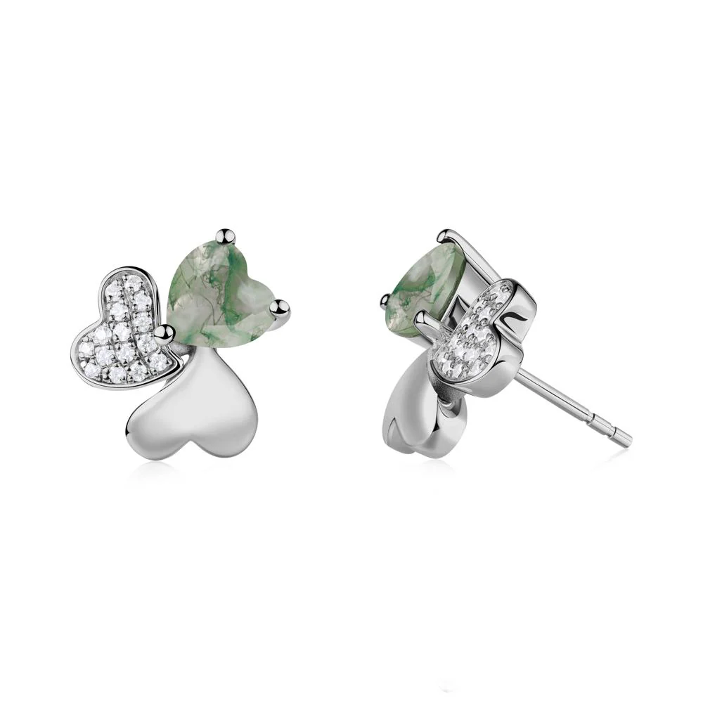 Lucky Clover Hearts Moss Agate Stud Earrings - Image 7