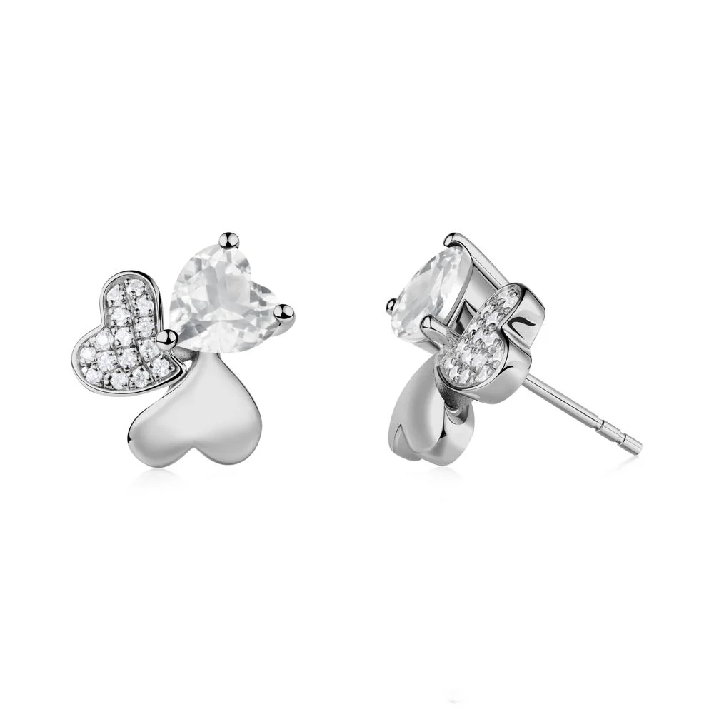 Lucky Clover Hearts White Topaz Stud Earrings - Image 3