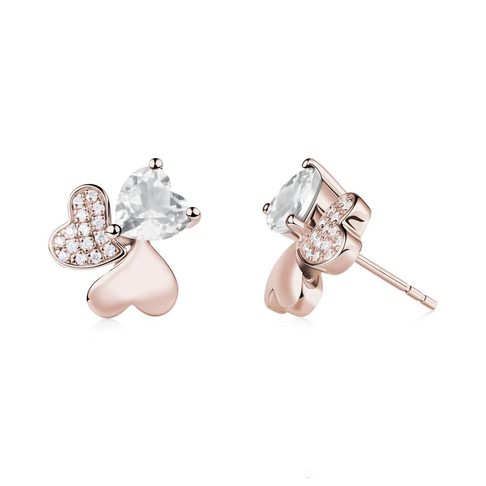 Lucky Clover Hearts White Topaz Stud Earrings - Image 6