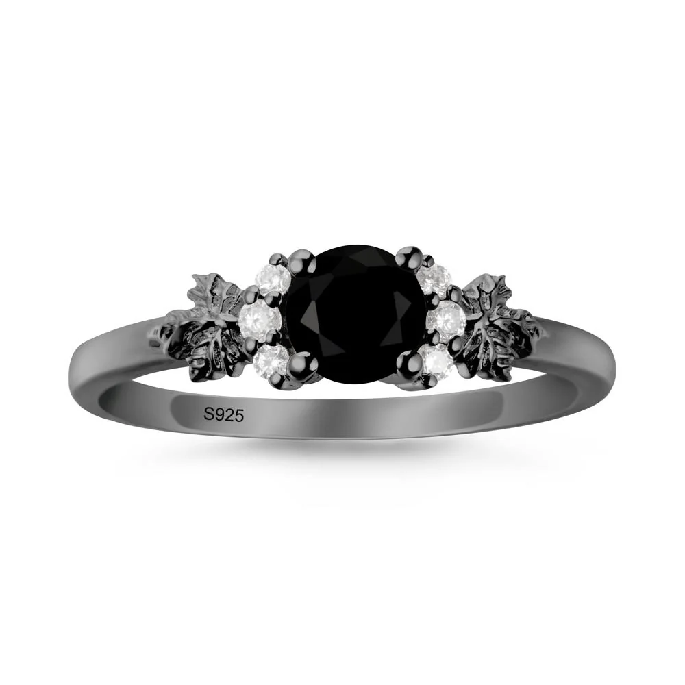 Maple Leaf Ring with Round Black Spinel