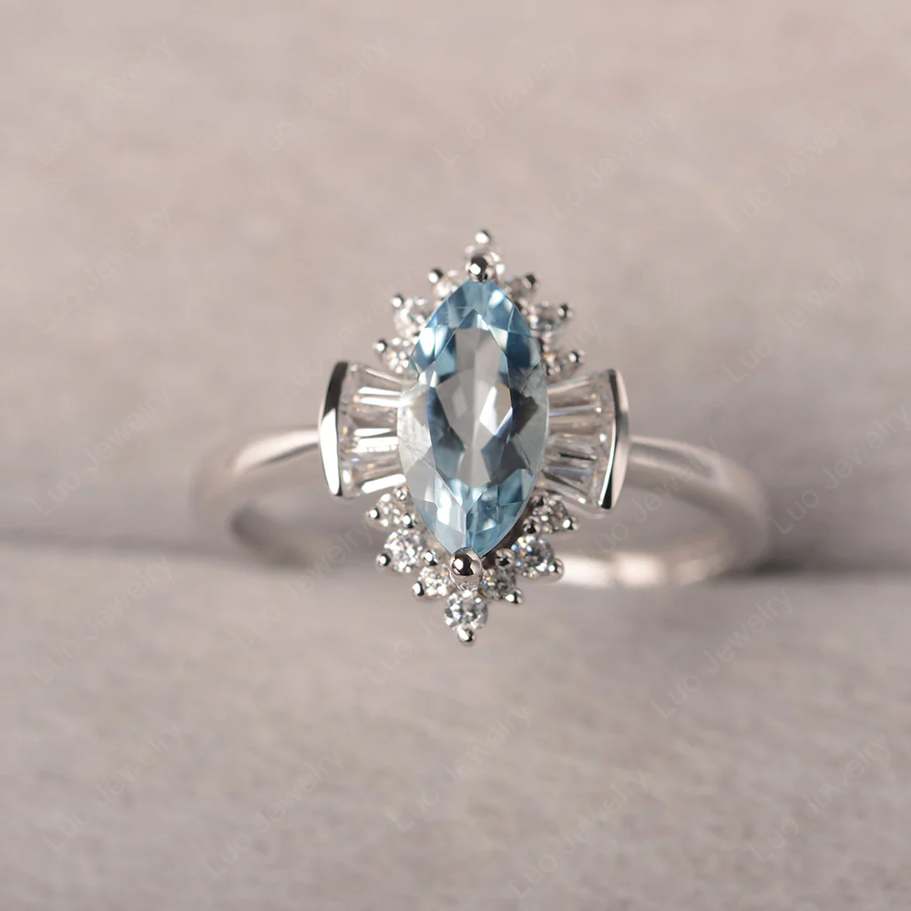 Marquise Aquamarine Ring with Baguettes