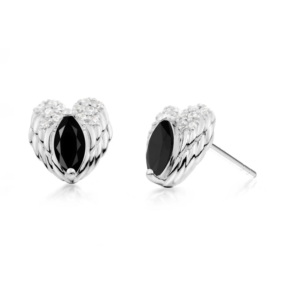 Marquise Black Spinel Angel Wings Heart Stud Earrings