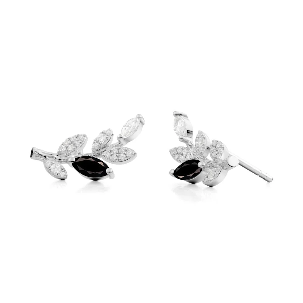 Marquise Black Spinel Olive Branch Stud Earrings - Image 2