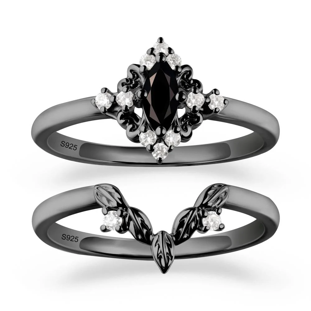 Marquise Black Spinel Ring Sets with Leaf Details