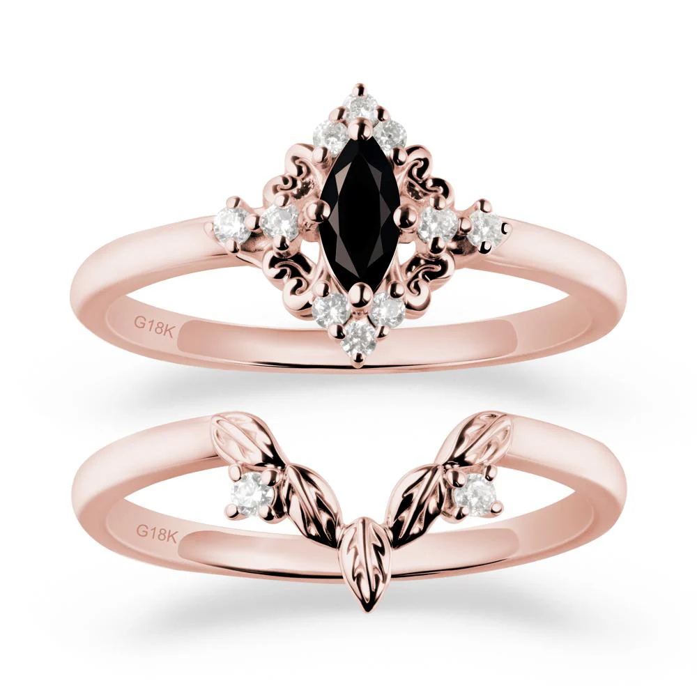 Marquise Black Spinel Ring Sets with Leaf Details - Image 5