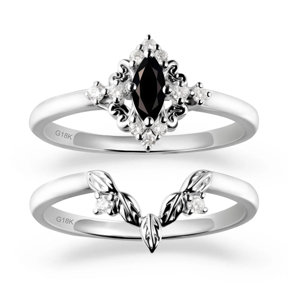 Marquise Black Spinel Ring Sets with Leaf Details - Image 6
