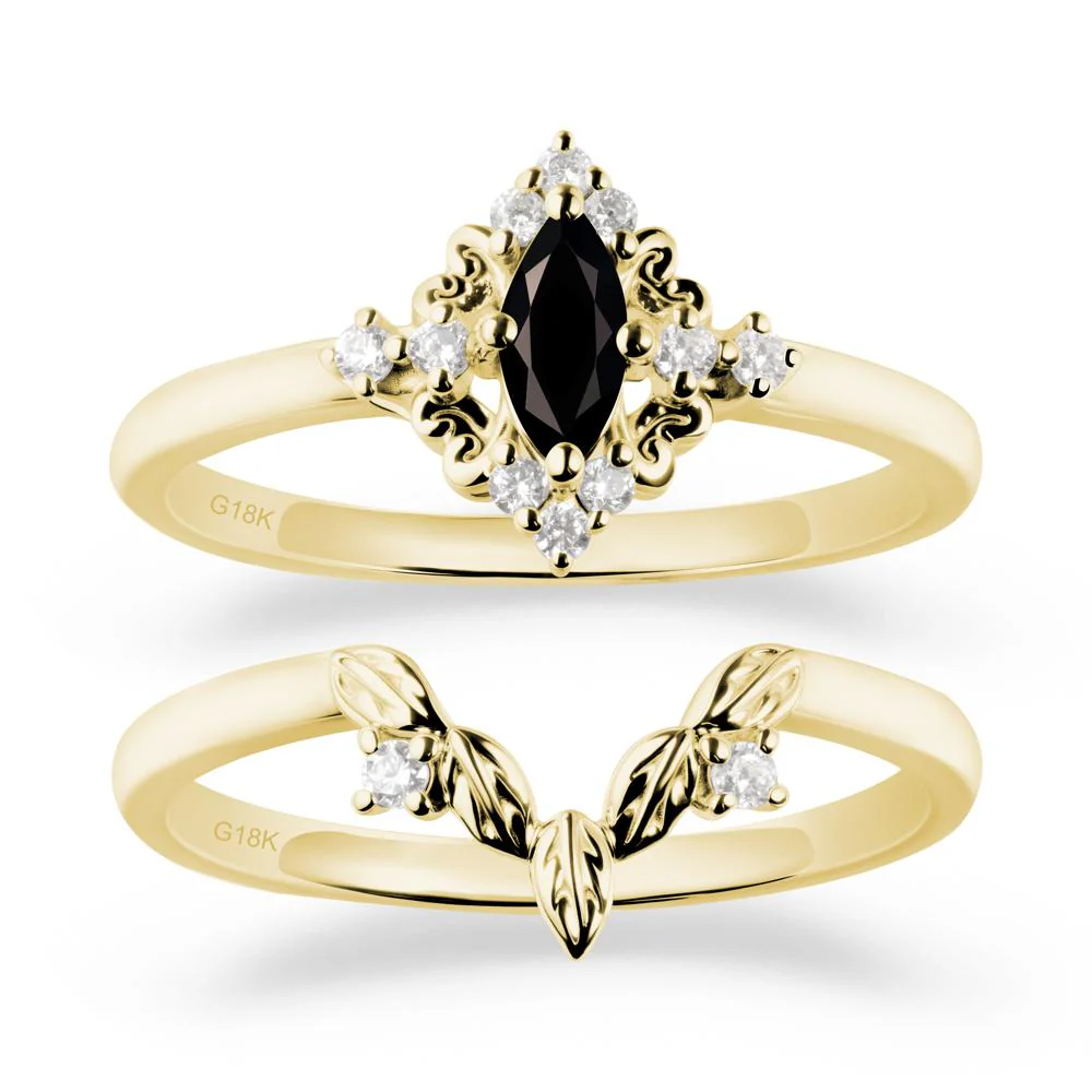 Marquise Black Spinel Ring Sets with Leaf Details - Image 7