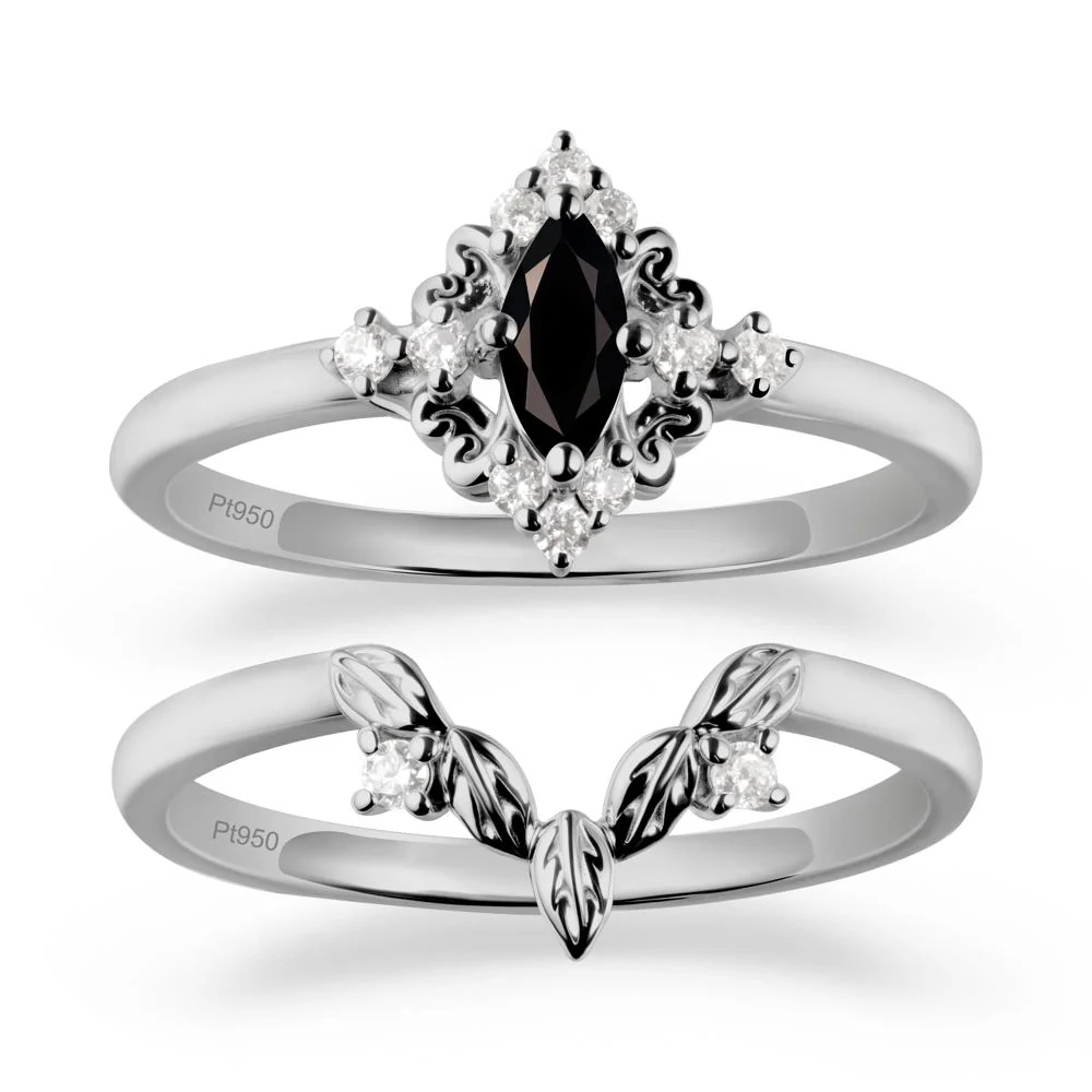 Marquise Black Spinel Ring Sets with Leaf Details - Image 8