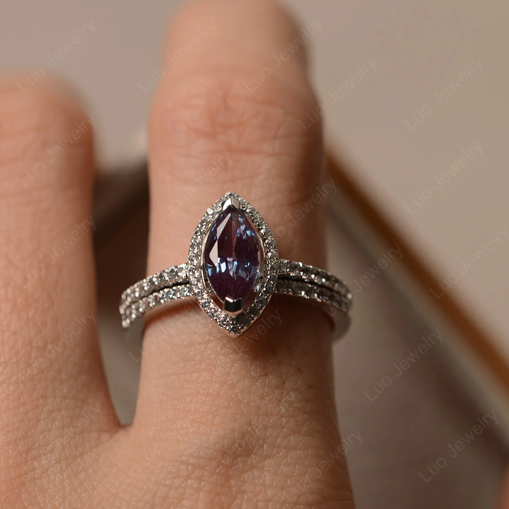 Marquise Cut Alexandrite Halo Bridal Set Ring - Image 4