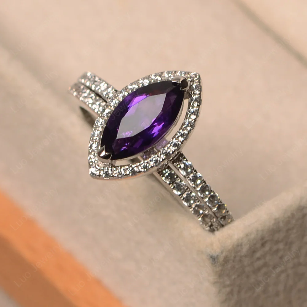 Marquise Cut Amethyst Halo Bridal Set Ring