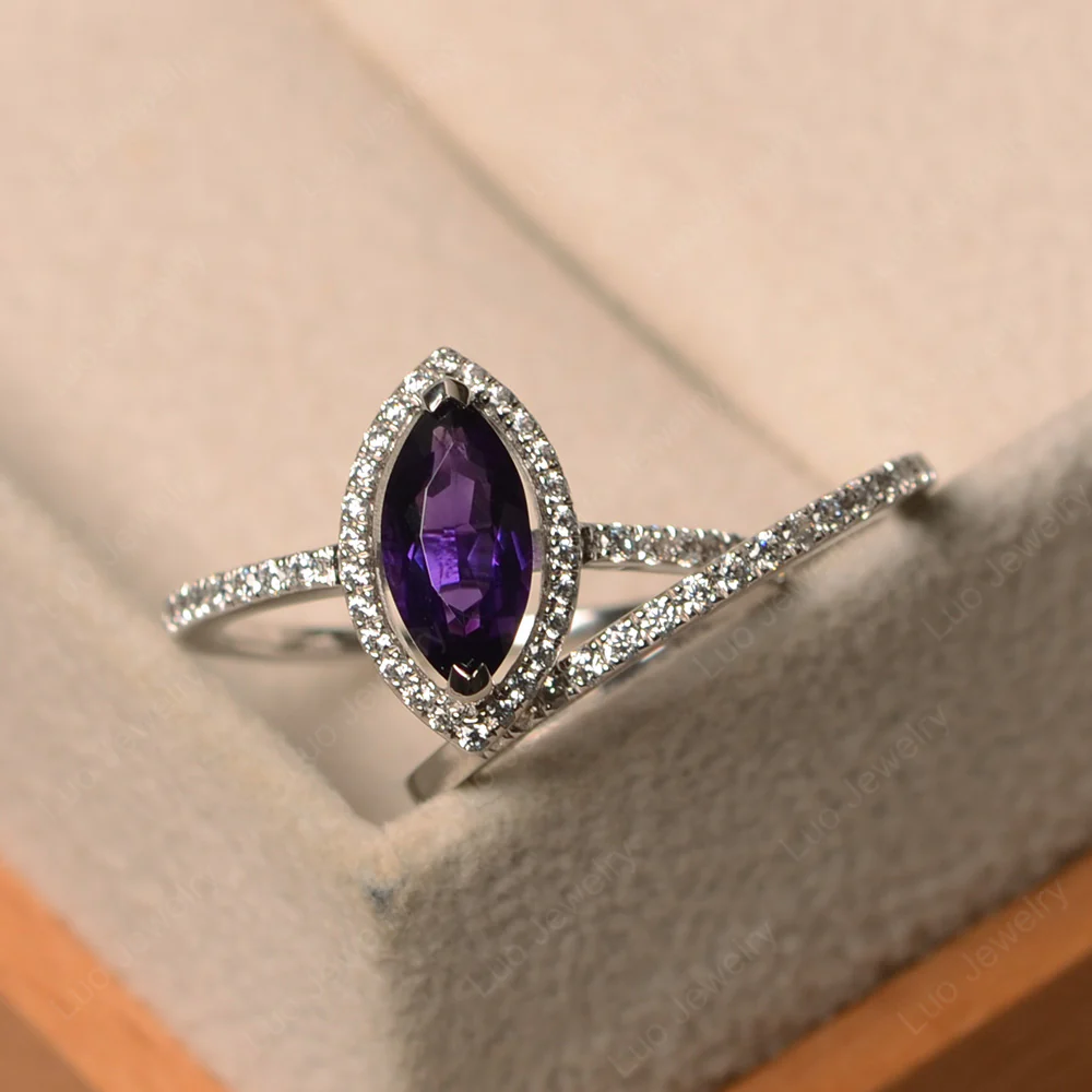 Marquise Cut Amethyst Halo Bridal Set Ring - Image 2