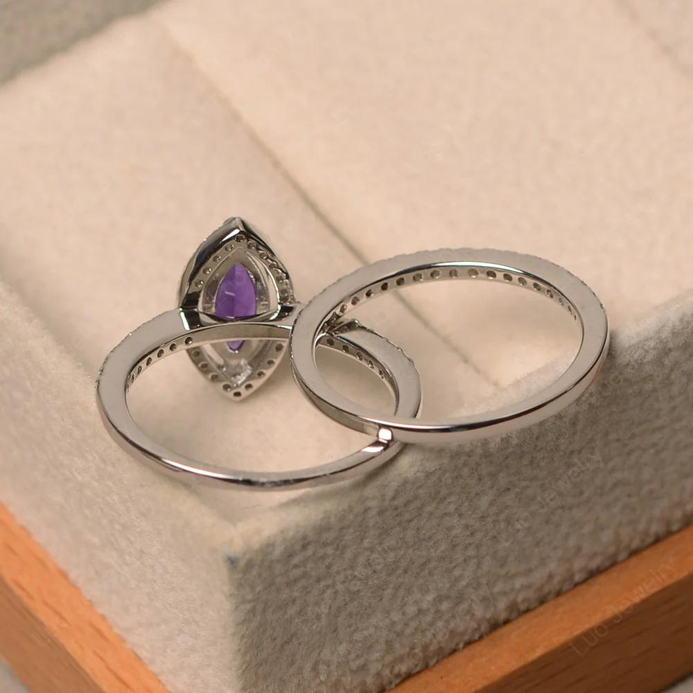 Marquise Cut Amethyst Halo Bridal Set Ring - Image 3