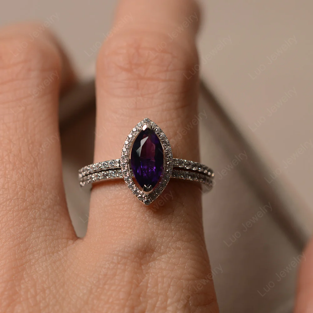 Marquise Cut Amethyst Halo Bridal Set Ring - Image 4