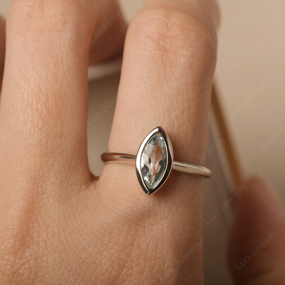 Marquise Cut Aquamarine Bezel Set Ring - Image 5