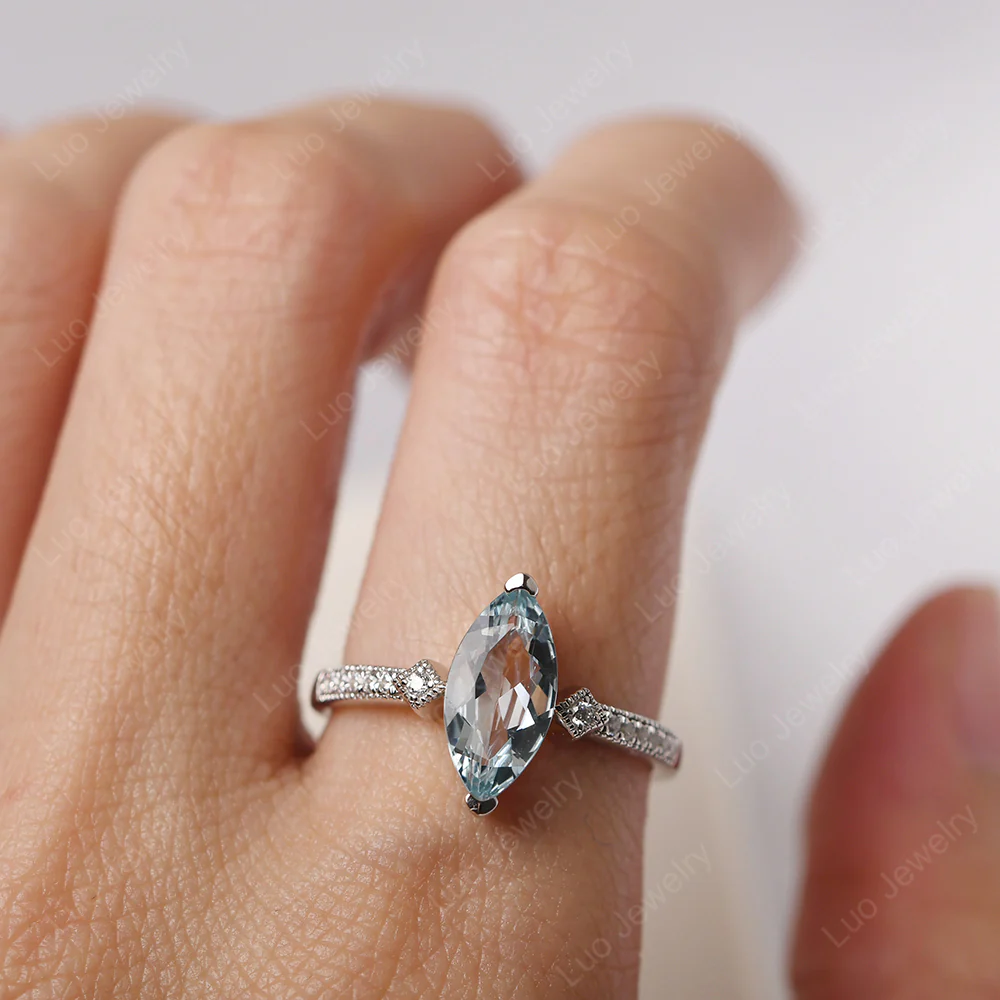 Marquise Cut Aquamarine Promise Ring - Image 5