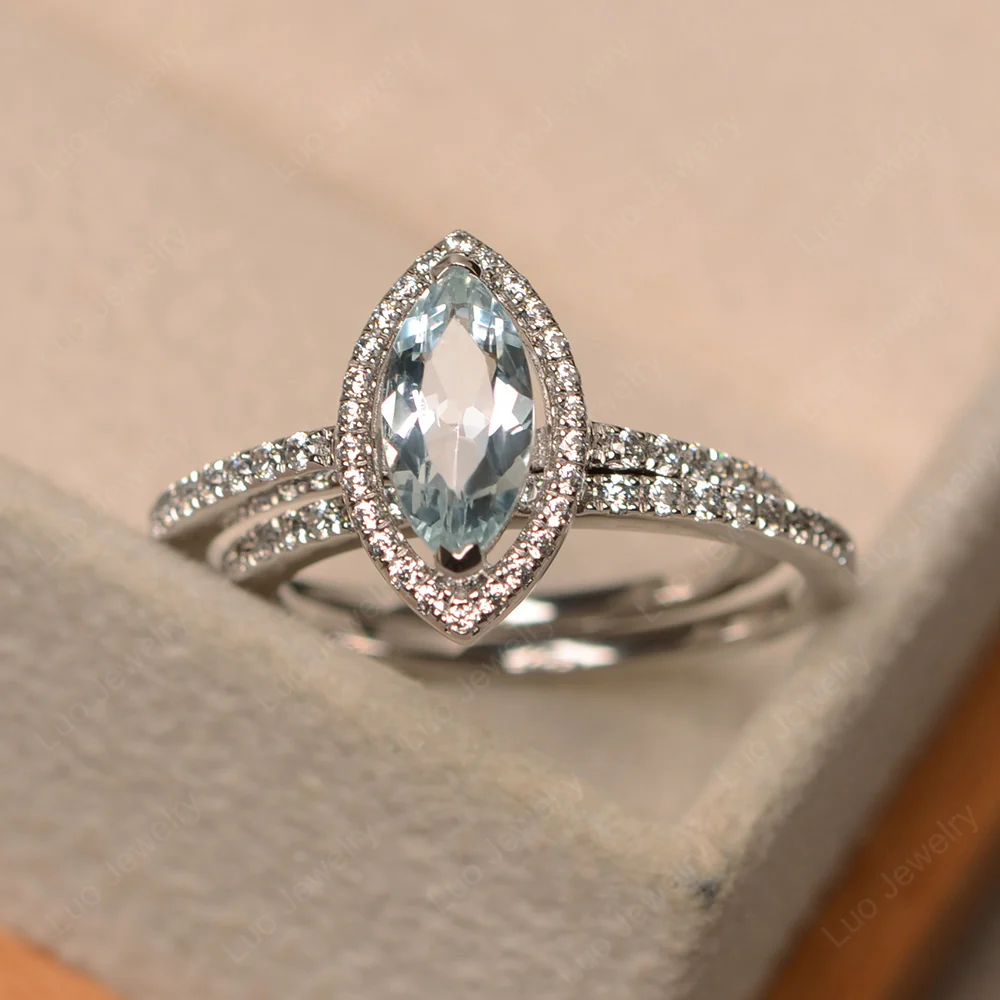 Marquise Cut Aquamarine Halo Bridal Set Ring