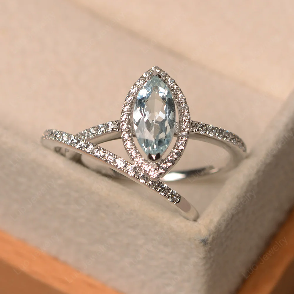 Marquise Cut Aquamarine Halo Bridal Set Ring - Image 2