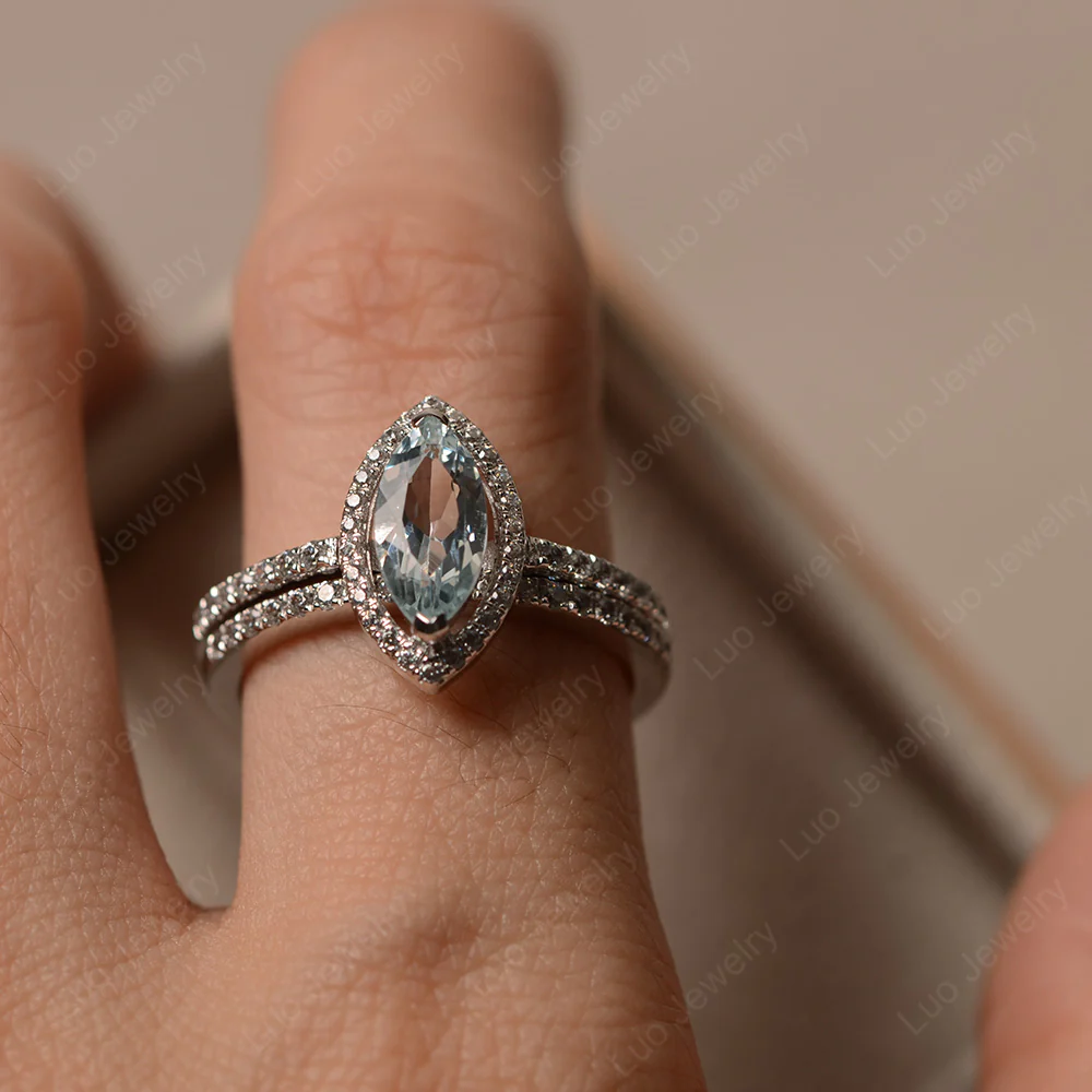 Marquise Cut Aquamarine Halo Bridal Set Ring - Image 4