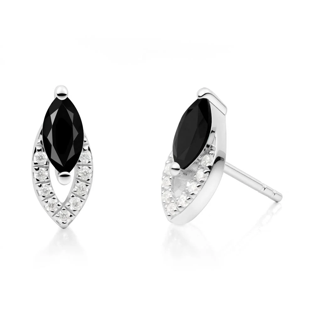 Marquise Cut Black Spinel Halo Stud Earrings - Image 2