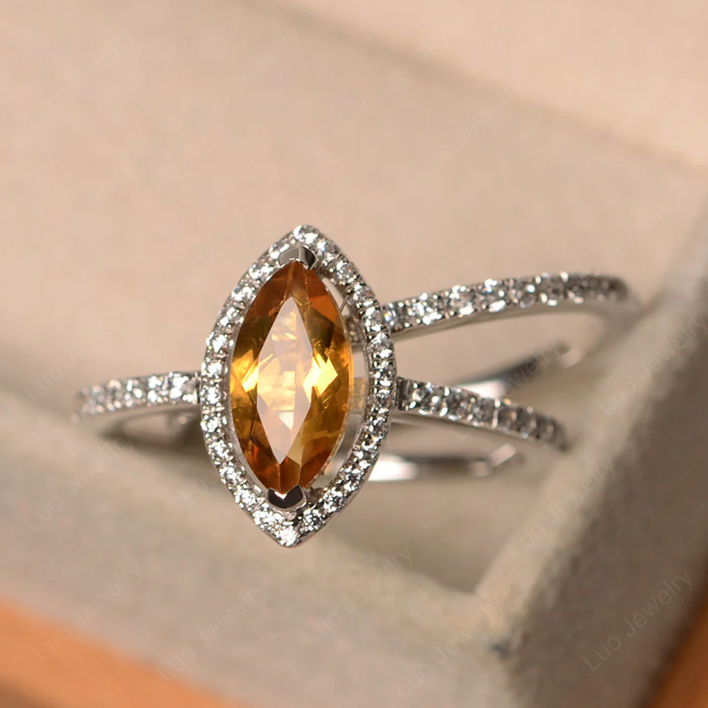 Marquise Cut Citrine Halo Bridal Set Ring