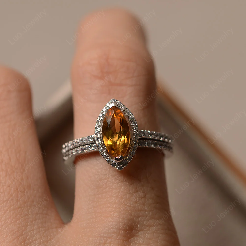 Marquise Cut Citrine Halo Bridal Set Ring - Image 4