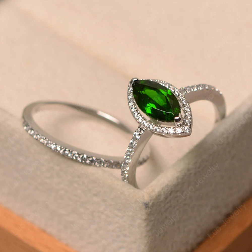 Marquise Cut Diopside Halo Bridal Set Ring - Image 2
