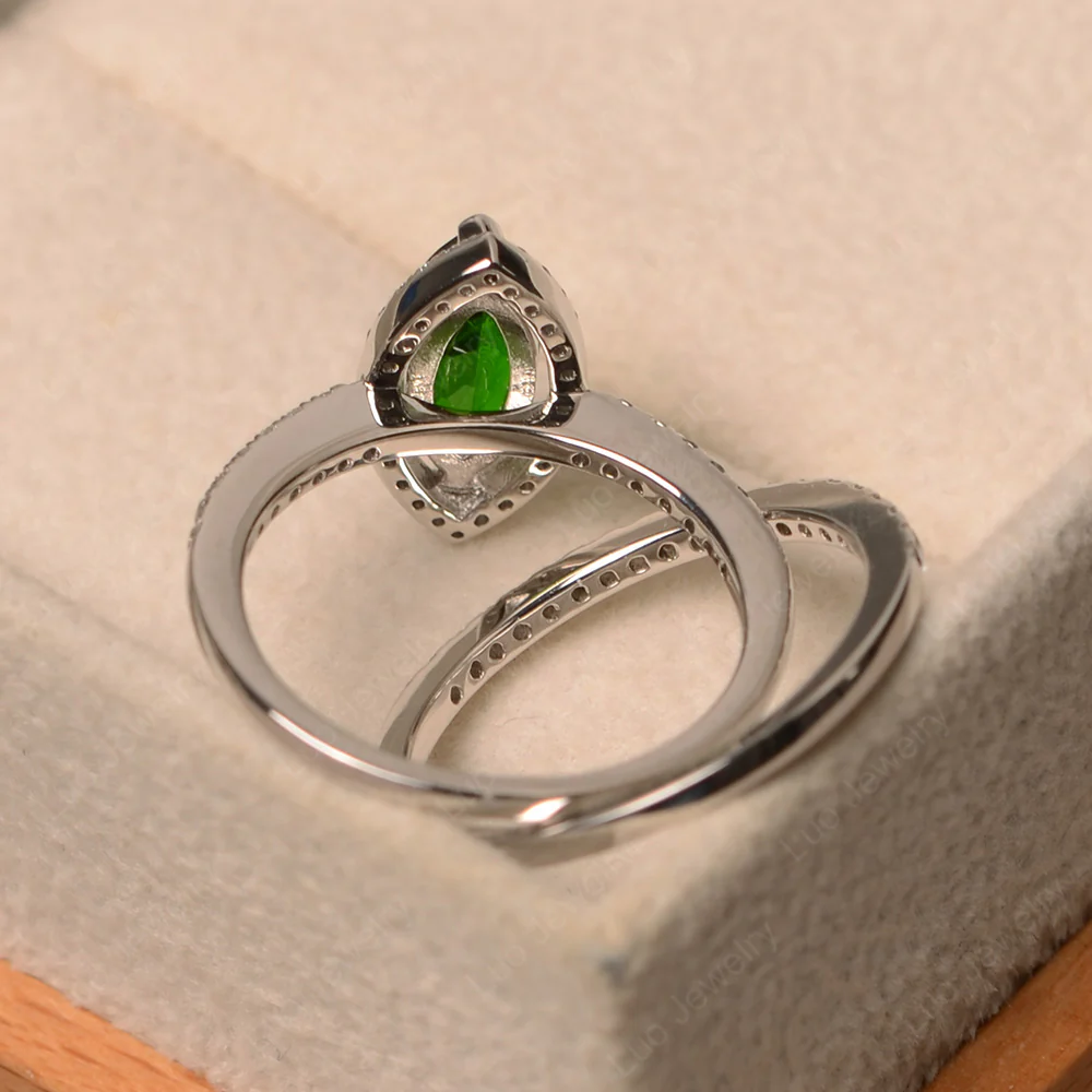 Marquise Cut Diopside Halo Bridal Set Ring - Image 3